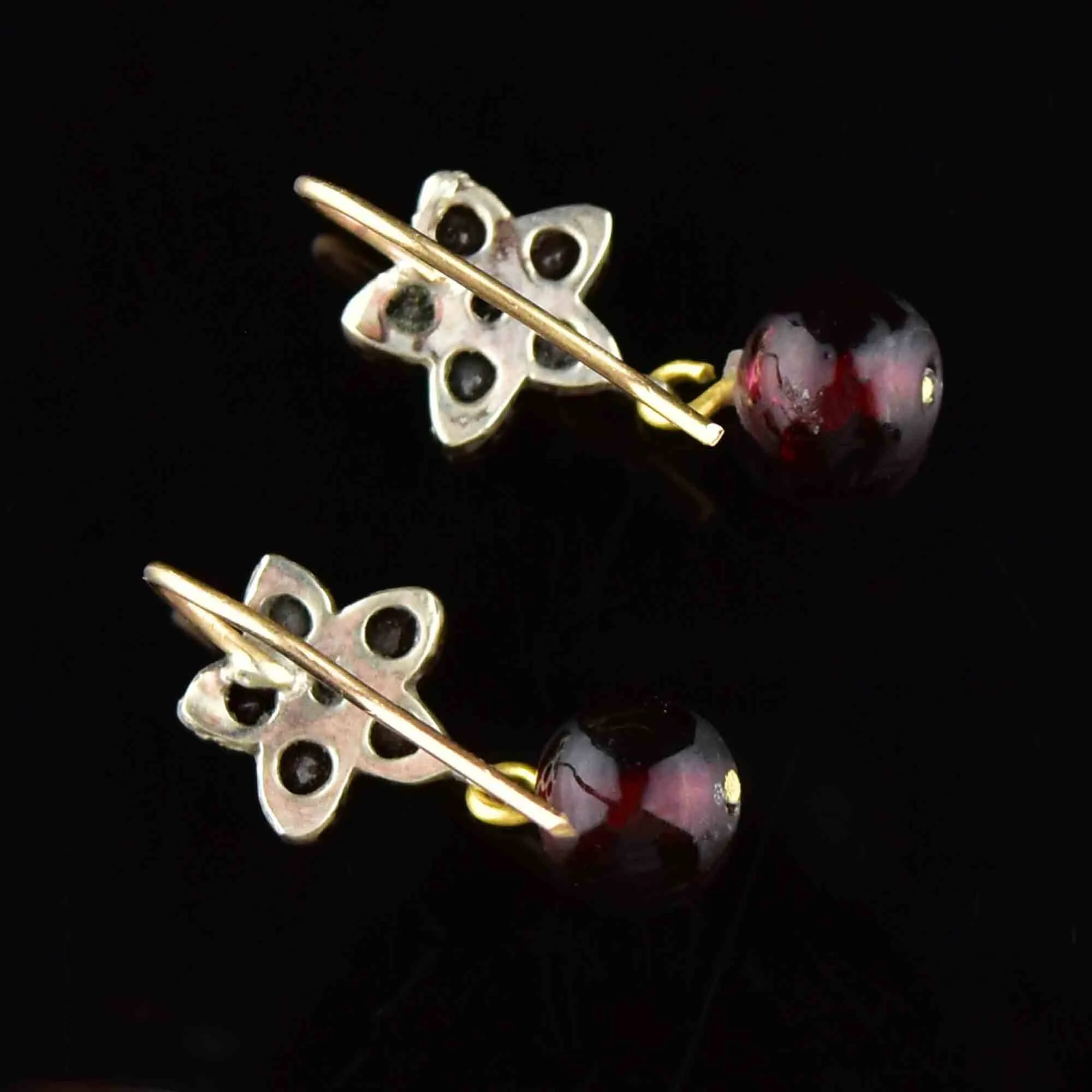 Victorian Rolled Gold Garnet Flower Drop Earrings