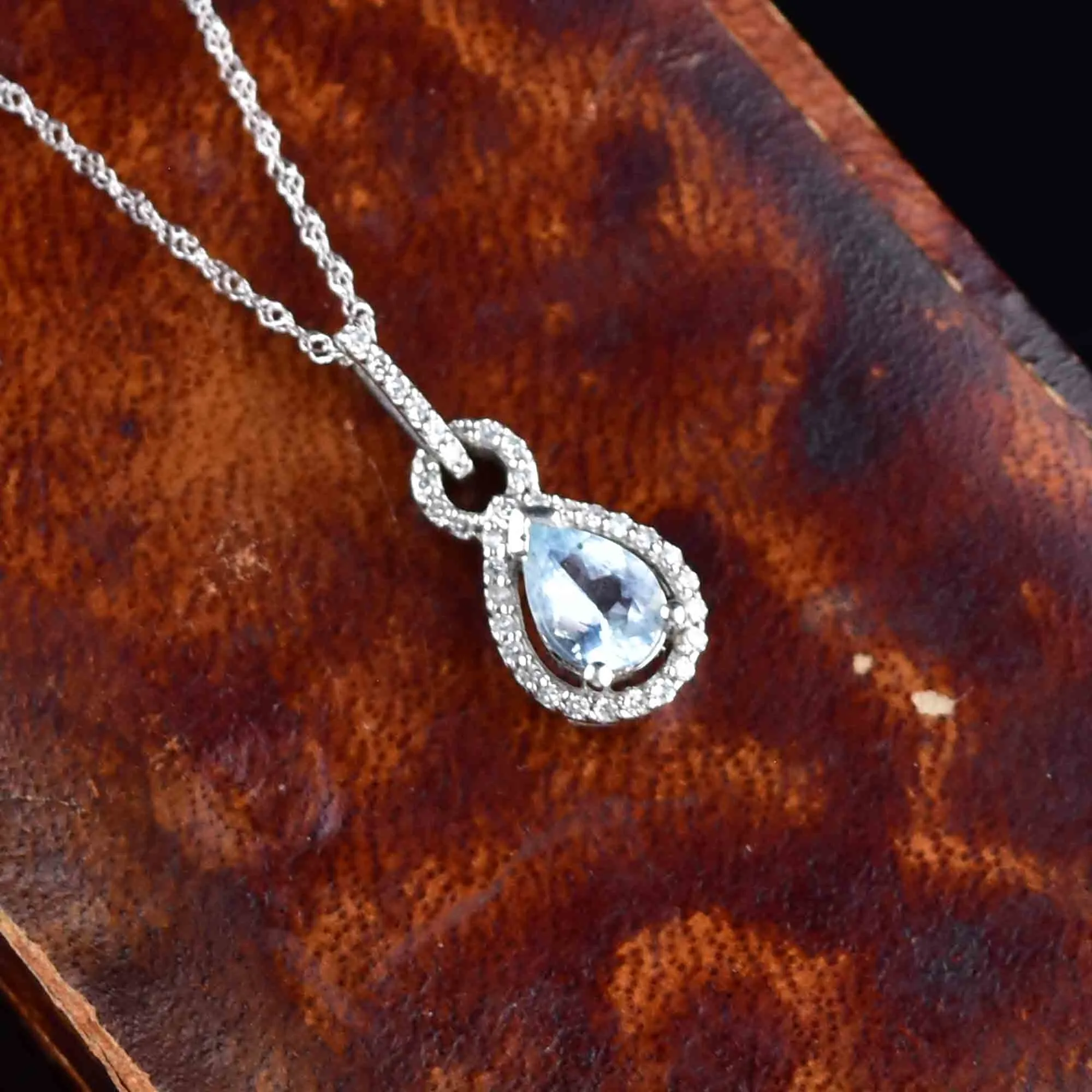 Vintage 10K White Gold Diamond Blue Topaz Pendant Necklace