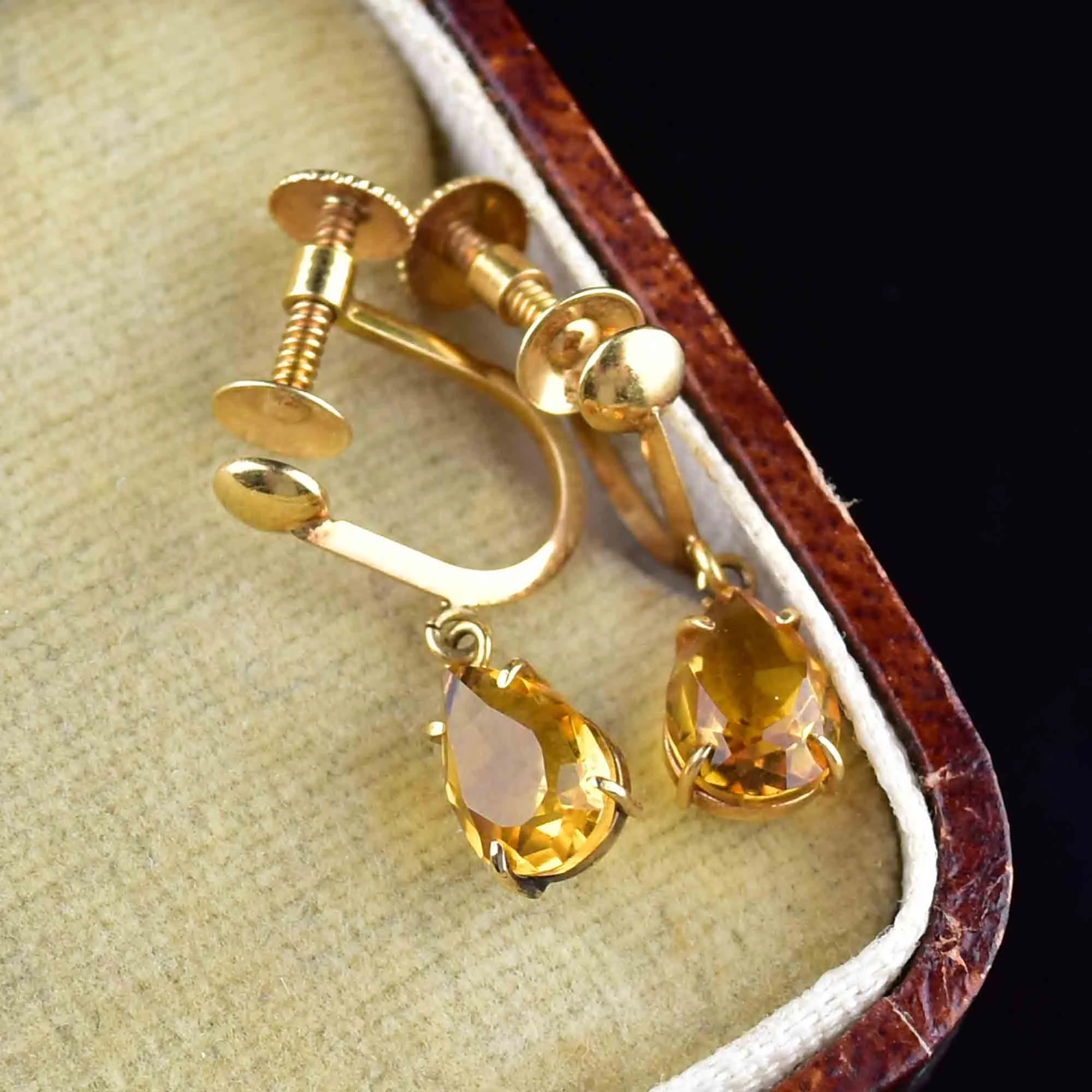 Vintage 18K Gold Pear Cut Citrine Drop Earrings