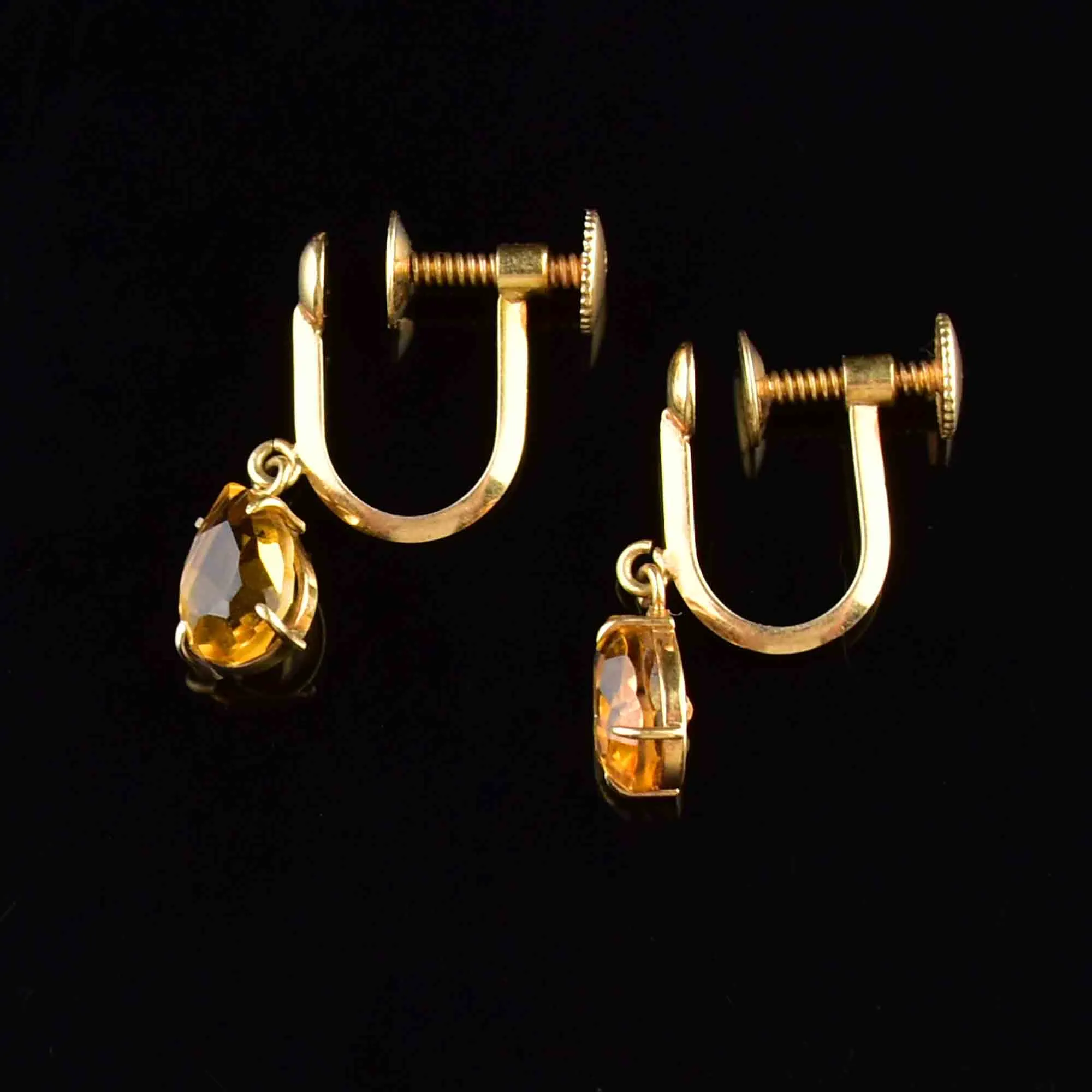 Vintage 18K Gold Pear Cut Citrine Drop Earrings