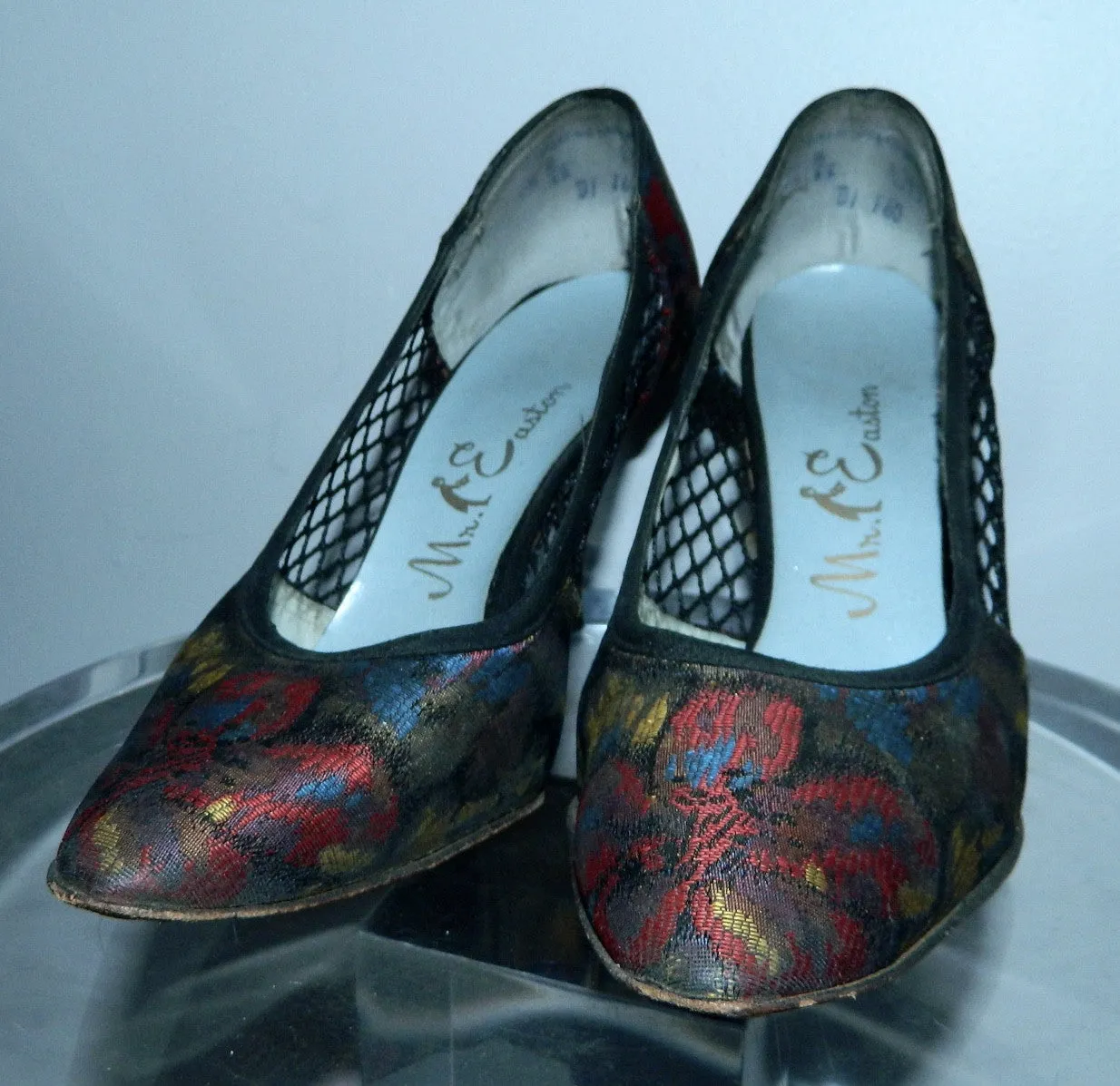 vintage 1950s stiletto heels / floral brocade high heels / black mesh cutouts US 6 - 7