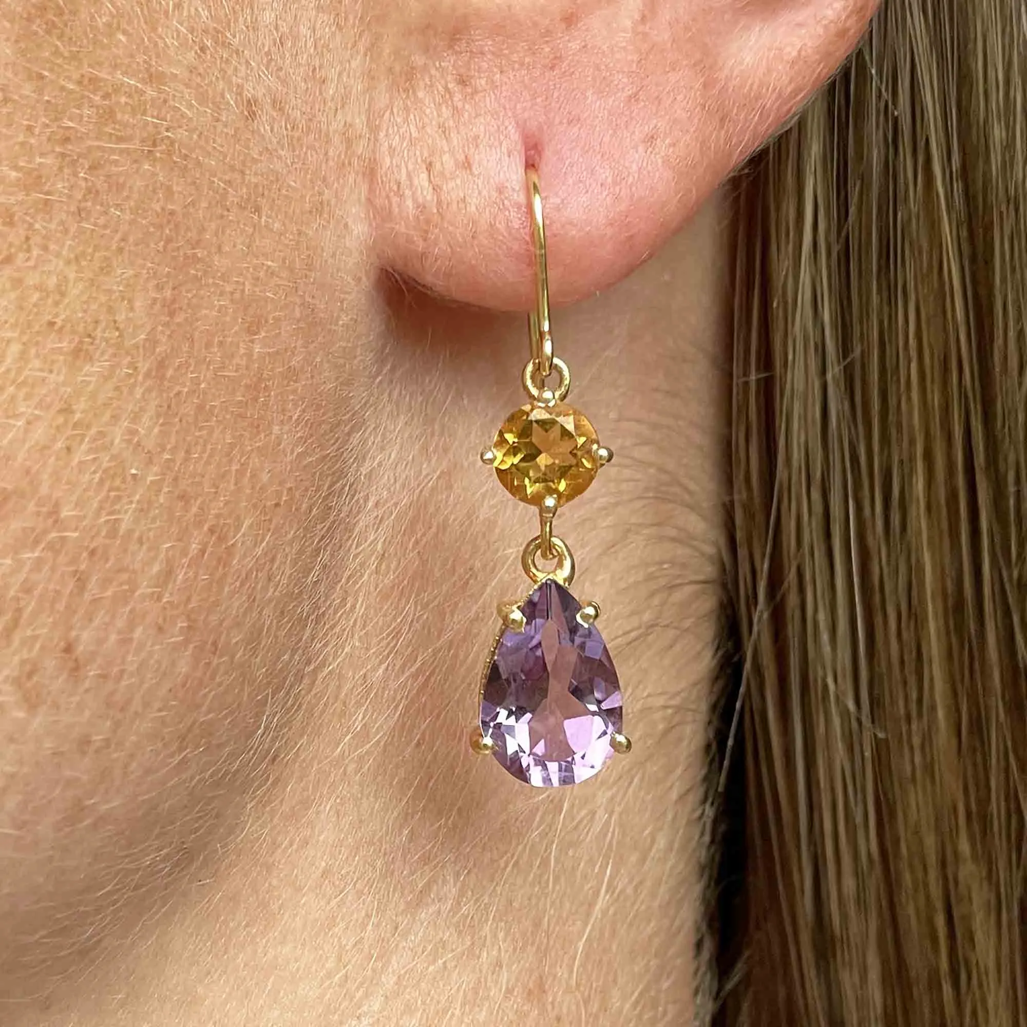 Vintage Amethyst Citrine Gold Teardrop Earrings