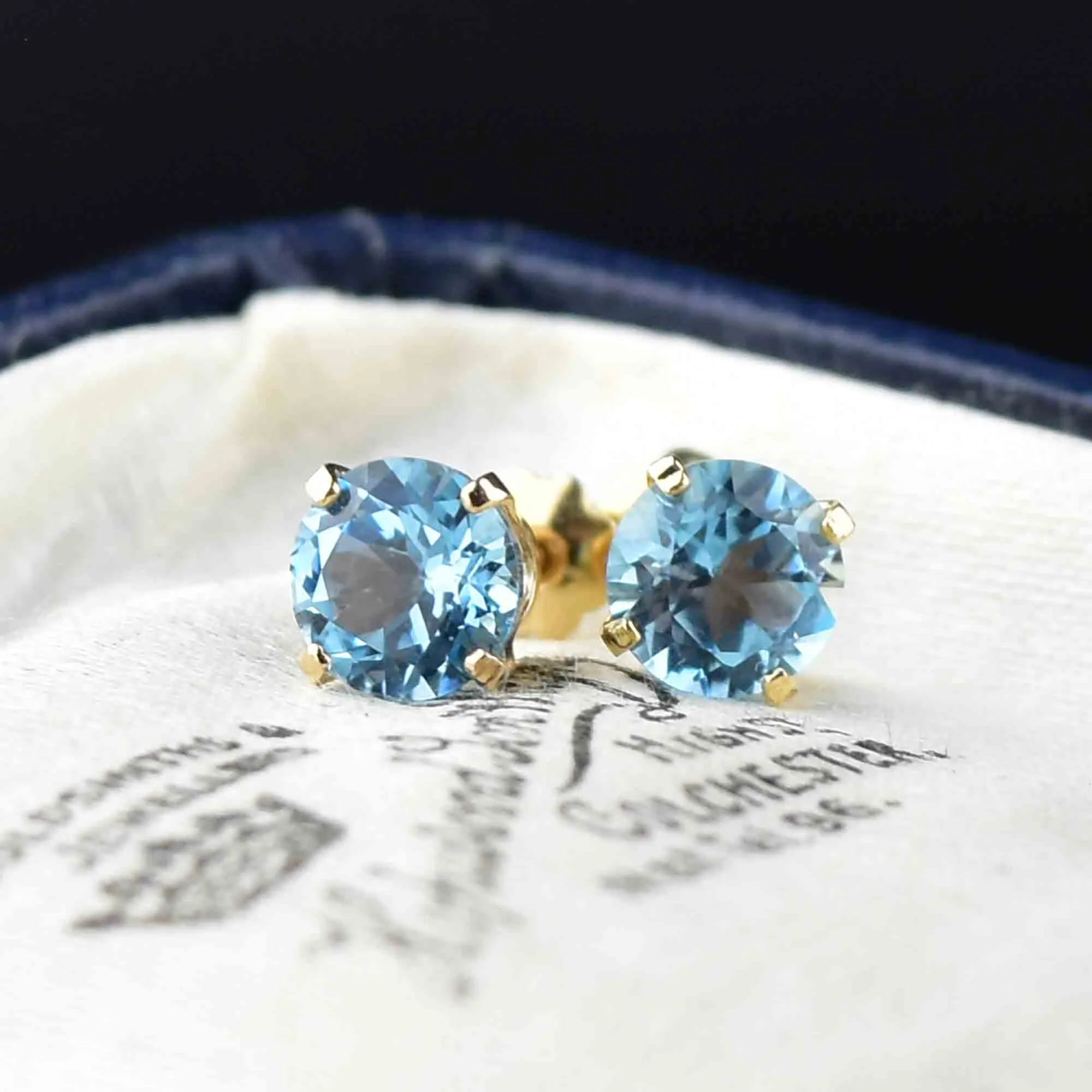 Vintage Blue Topaz Stud Earrings in 14K Gold