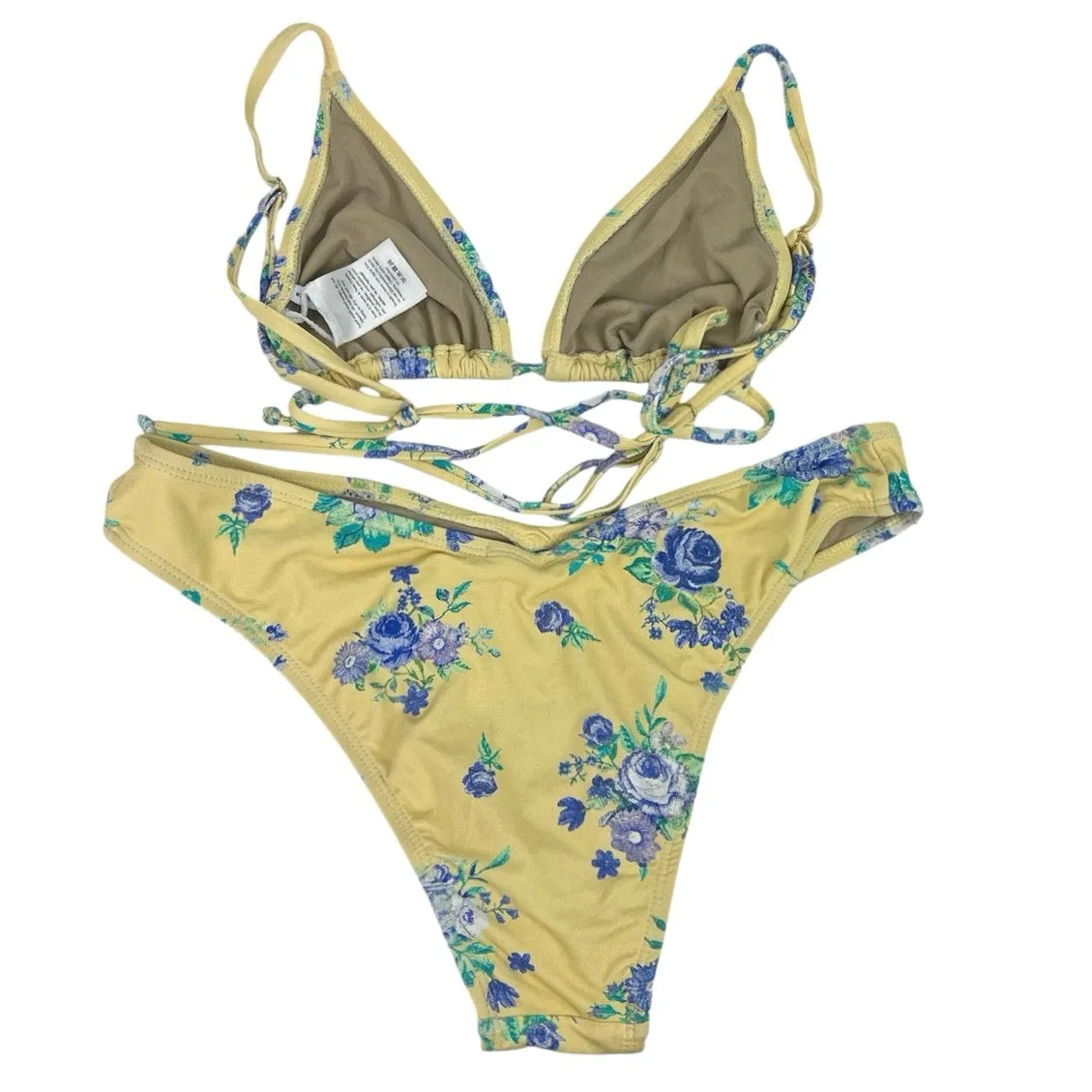 WeWoreWhat Yellow Floral Print Spaghetti Strap Two Piece Swimwear Bikini Set S