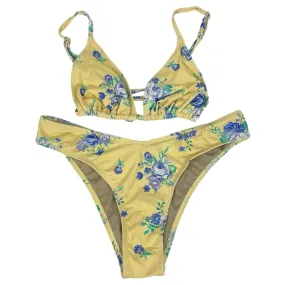 WeWoreWhat Yellow Floral Print Spaghetti Strap Two Piece Swimwear Bikini Set S