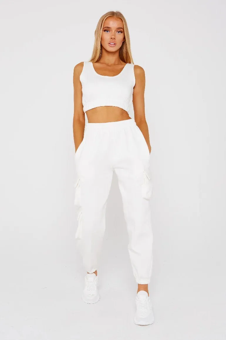 White Crop Cargo Pocket Jogger suit