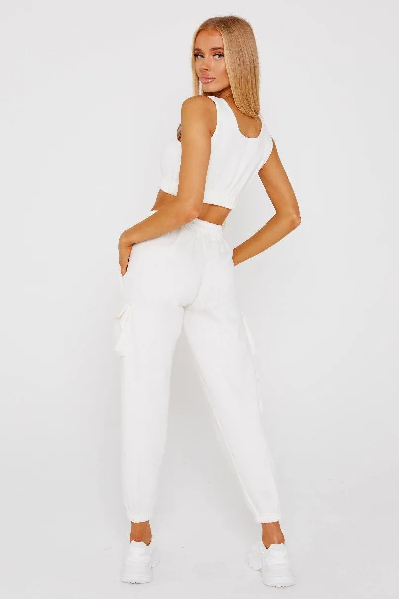 White Crop Cargo Pocket Jogger suit