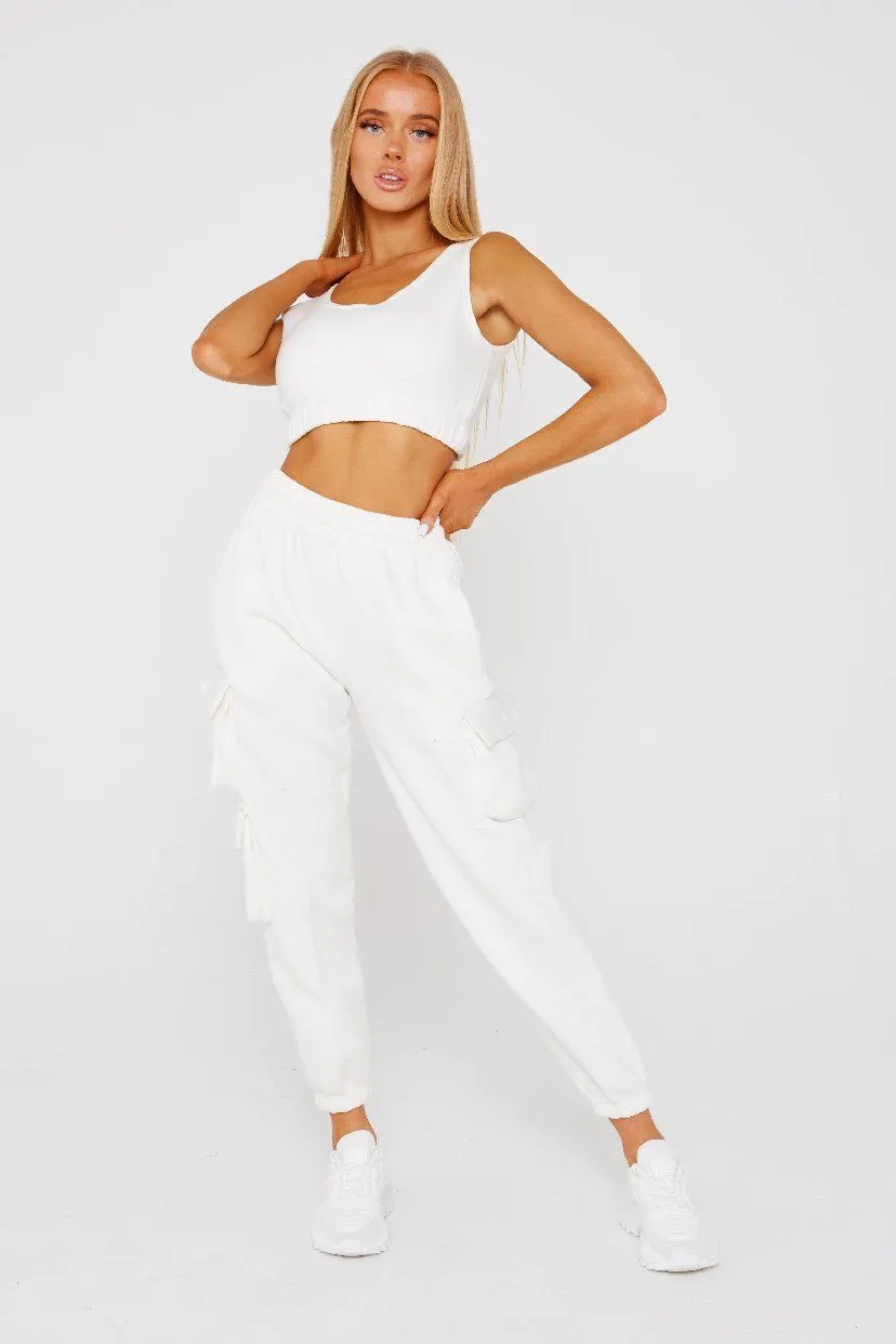 White Crop Cargo Pocket Jogger suit