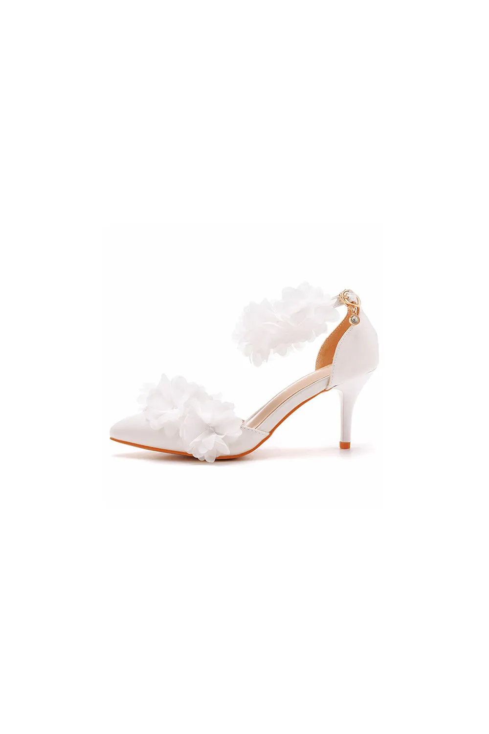 White Flowers Pointed Toe Ankle Strap High Heels