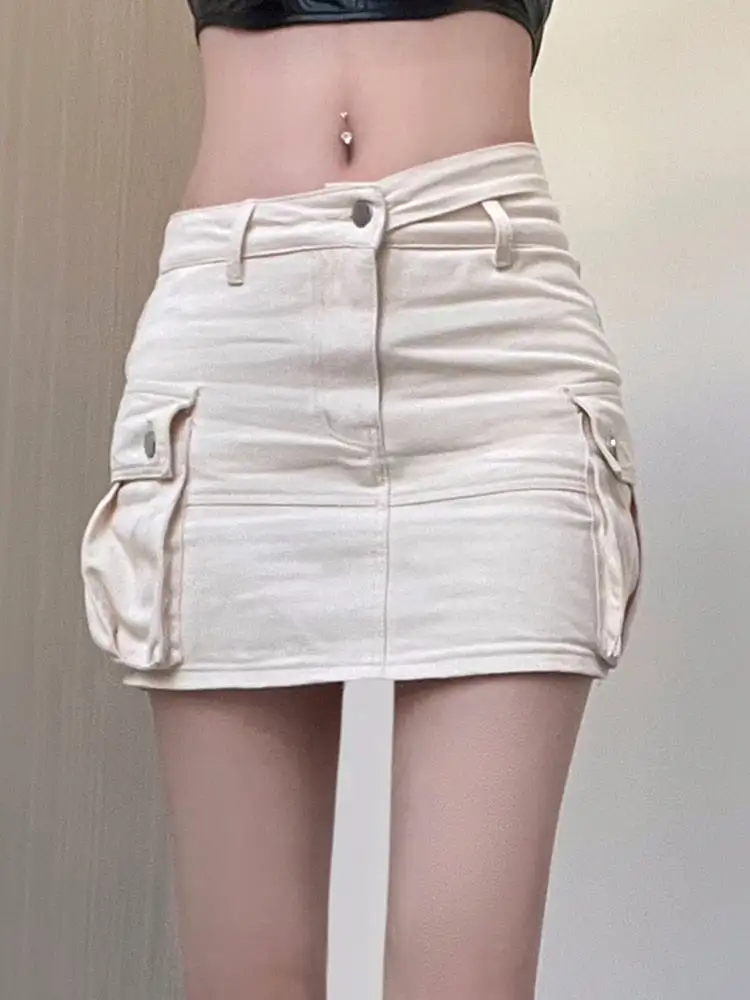 White Y2K Denim A Line Skirt Pockets Stitch Cargo Skirts Womens Hollow Out Low Waist Preppy Casual Streetwear Bottoms