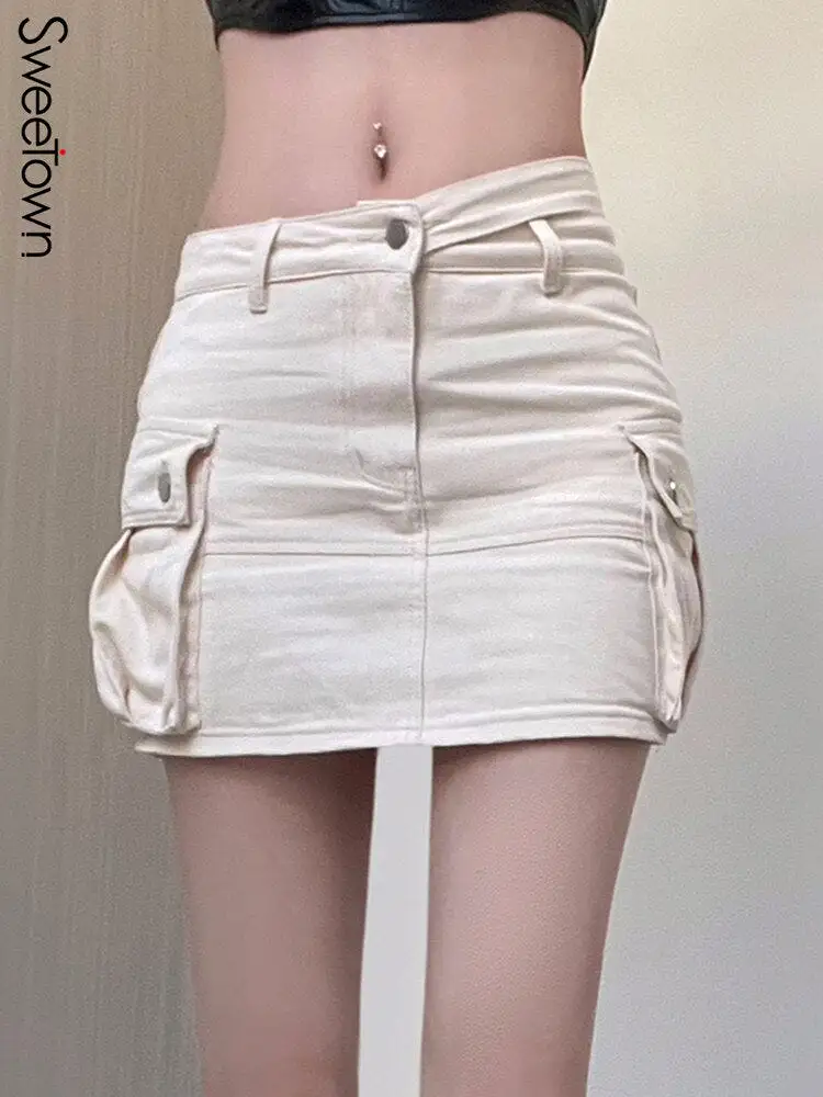 White Y2K Denim A Line Skirt Pockets Stitch Cargo Skirts Womens Hollow Out Low Waist Preppy Casual Streetwear Bottoms