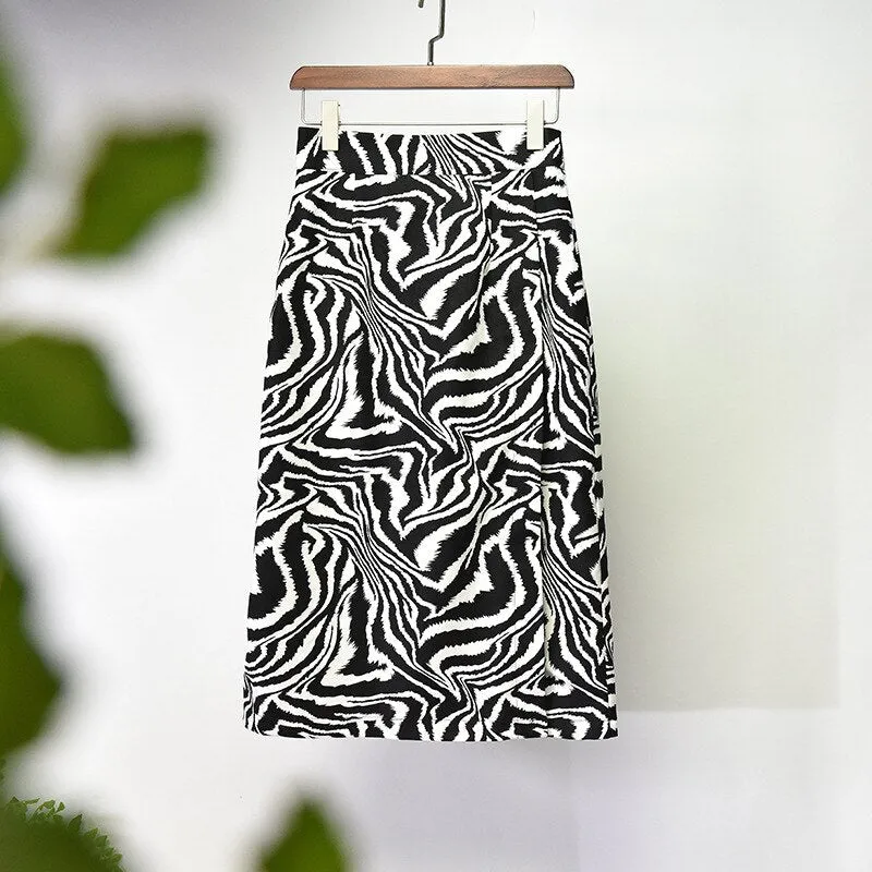 Woman Elastic High Waist Split Chic Bodycon Straight Skirts Print Streetwear