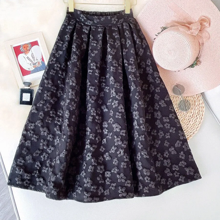 Women Jacquard A-Line Elegant Floral Elastic High Waist Vintage Tutu Skirts Outwear