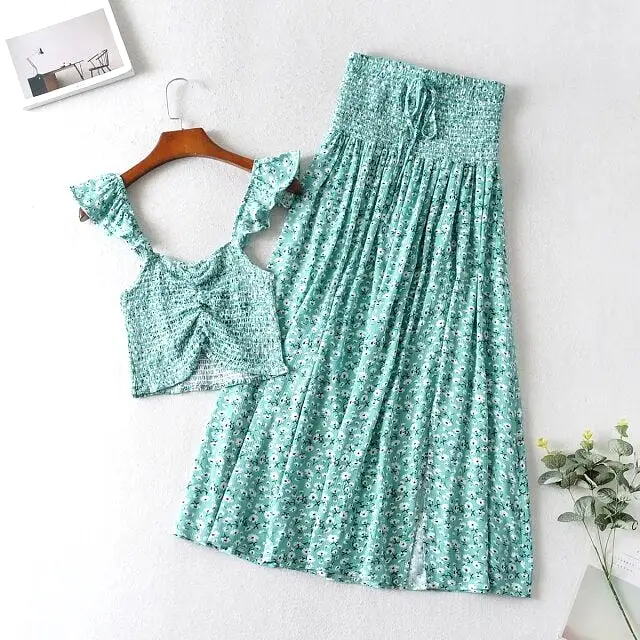 Women Two Piece Sets 2022 Summer Bohemian Floral Skirts Sets Sleeveless Tank Crop Tops + Split Maxi Skirt 2Pcs Sets Harajuku