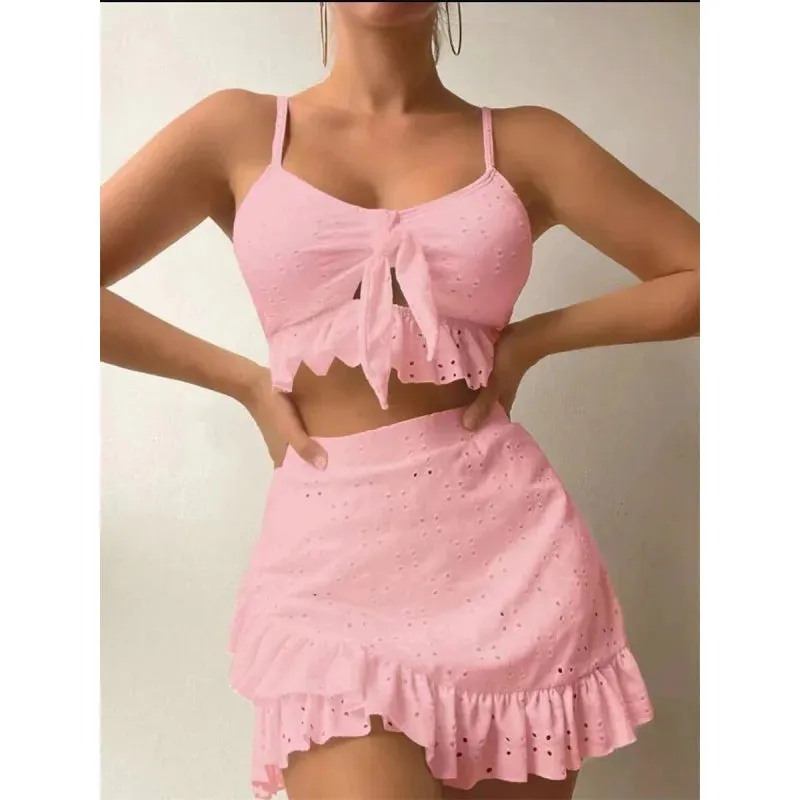 Women's Solid Pattern Halter Cut Out Tie Up Ruffles 3 Piece Swimwear