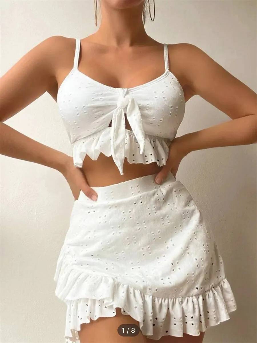 Women's Solid Pattern Halter Cut Out Tie Up Ruffles 3 Piece Swimwear