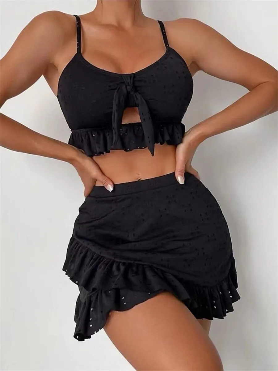 Women's Solid Pattern Halter Cut Out Tie Up Ruffles 3 Piece Swimwear