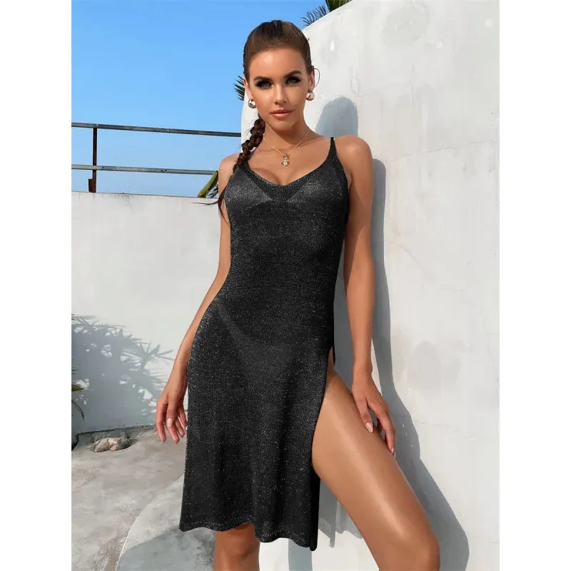 Women's Summer See-Through Hollow Mesh Knitted Split Cover-Ups Swimwear