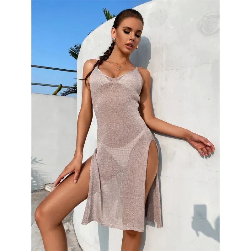 Women's Summer See-Through Hollow Mesh Knitted Split Cover-Ups Swimwear